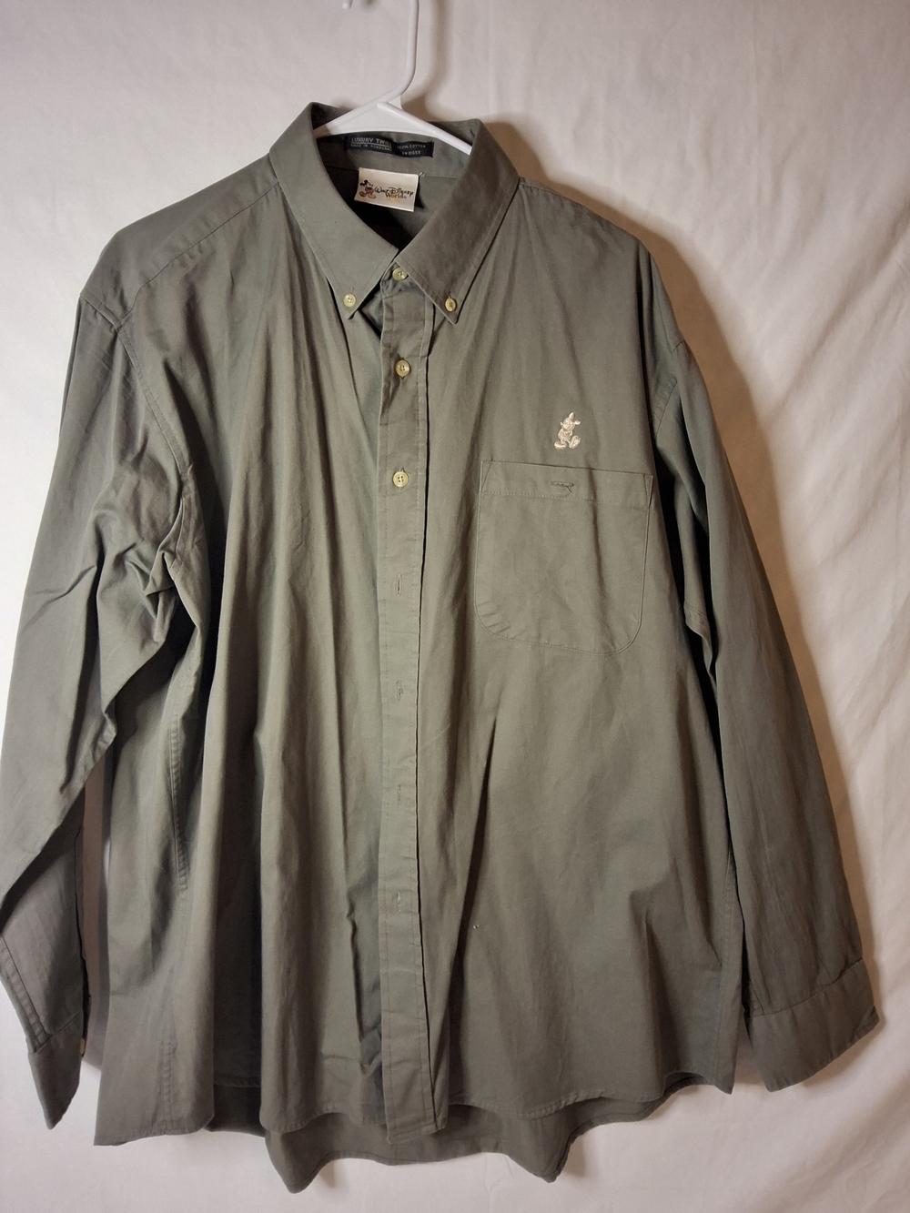 Disney Mickey Mouse Men's Olive Green Button-Down Shirt with Embroidered Logo